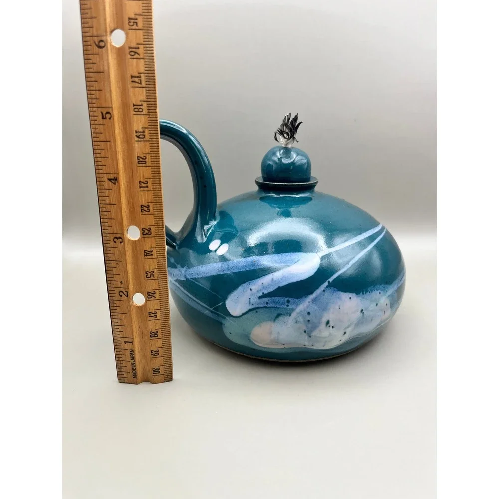 Signed Studio Pottery Oil Lamp Teal Glaze Swirl Ceramic Wick Teresa Bowen 1980s‎